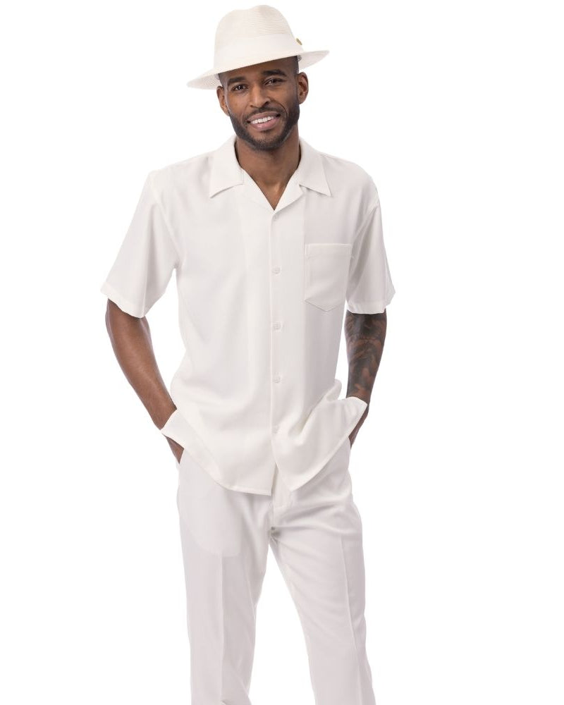 Cream solid men's walking suit short sleeve 2-piece set with matching pants and hat