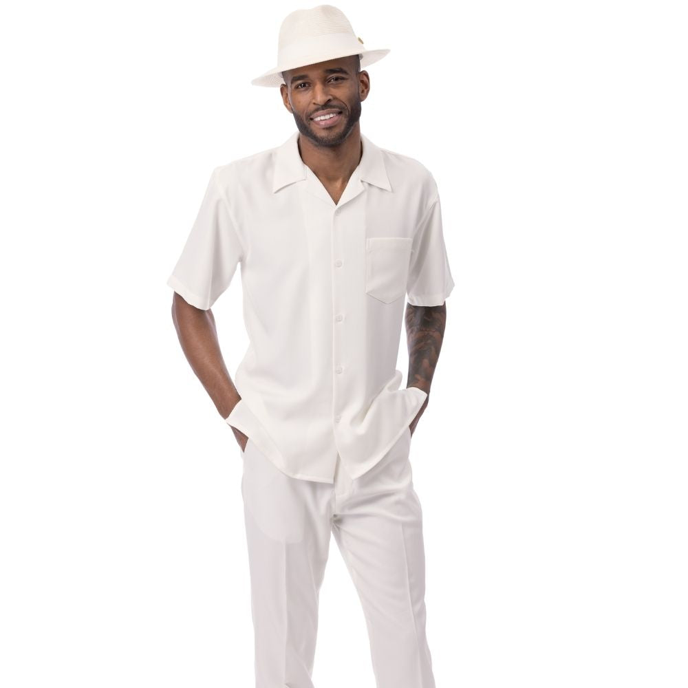 Cream solid men's walking suit short sleeve 2-piece set with matching pants and hat
