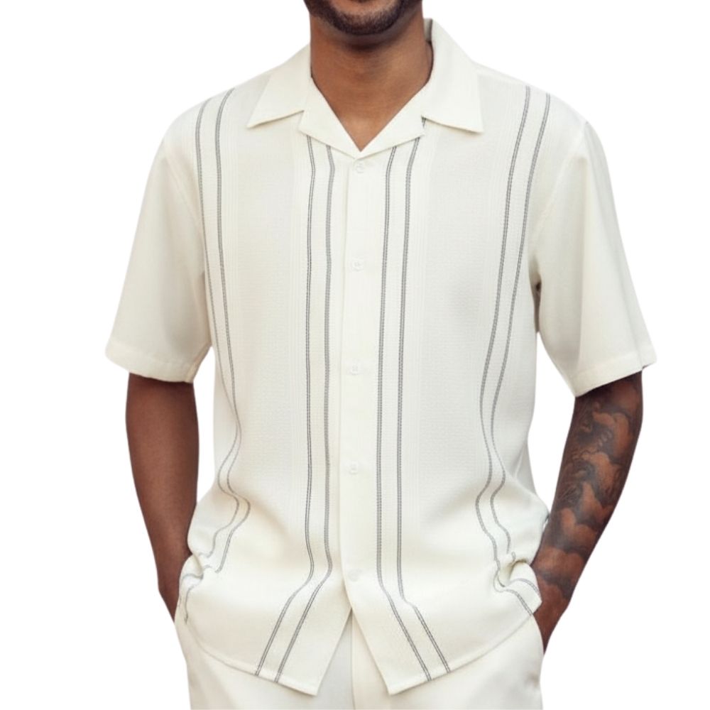 Cream polyester men's short sleeve shirt with textured vertical contrast lines and camp collar.