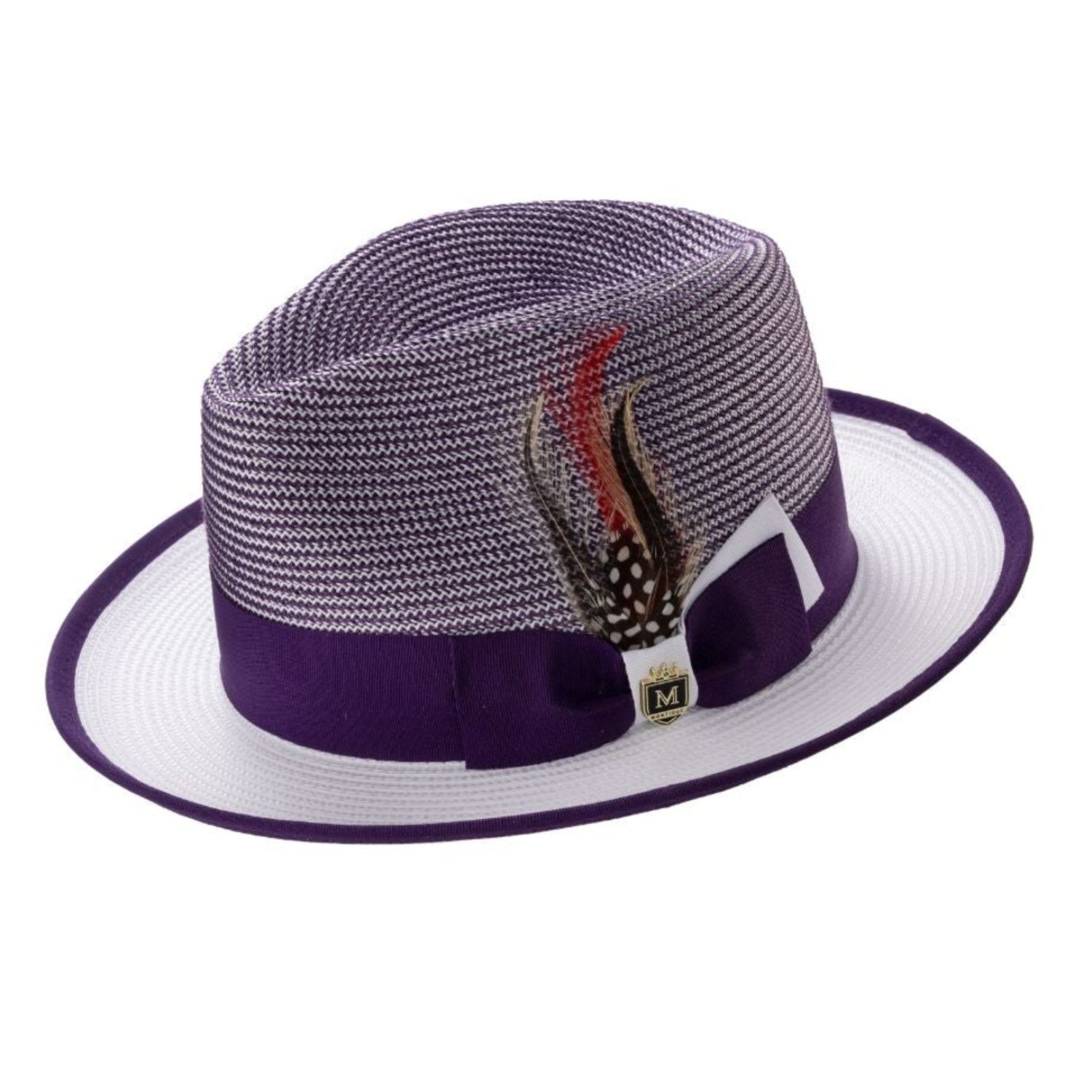 Purple and white center crease fedora hat by Montique.