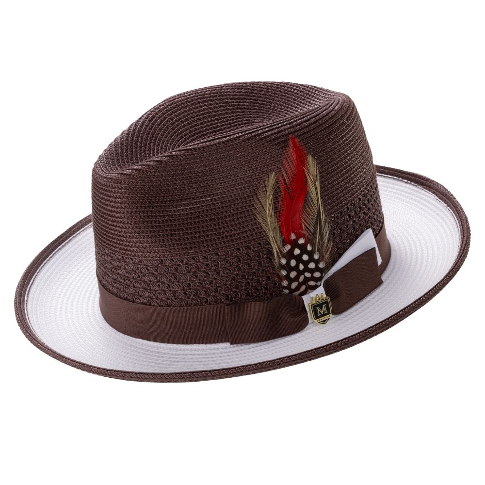 brown and white two tone ventilated fedora hat with feather