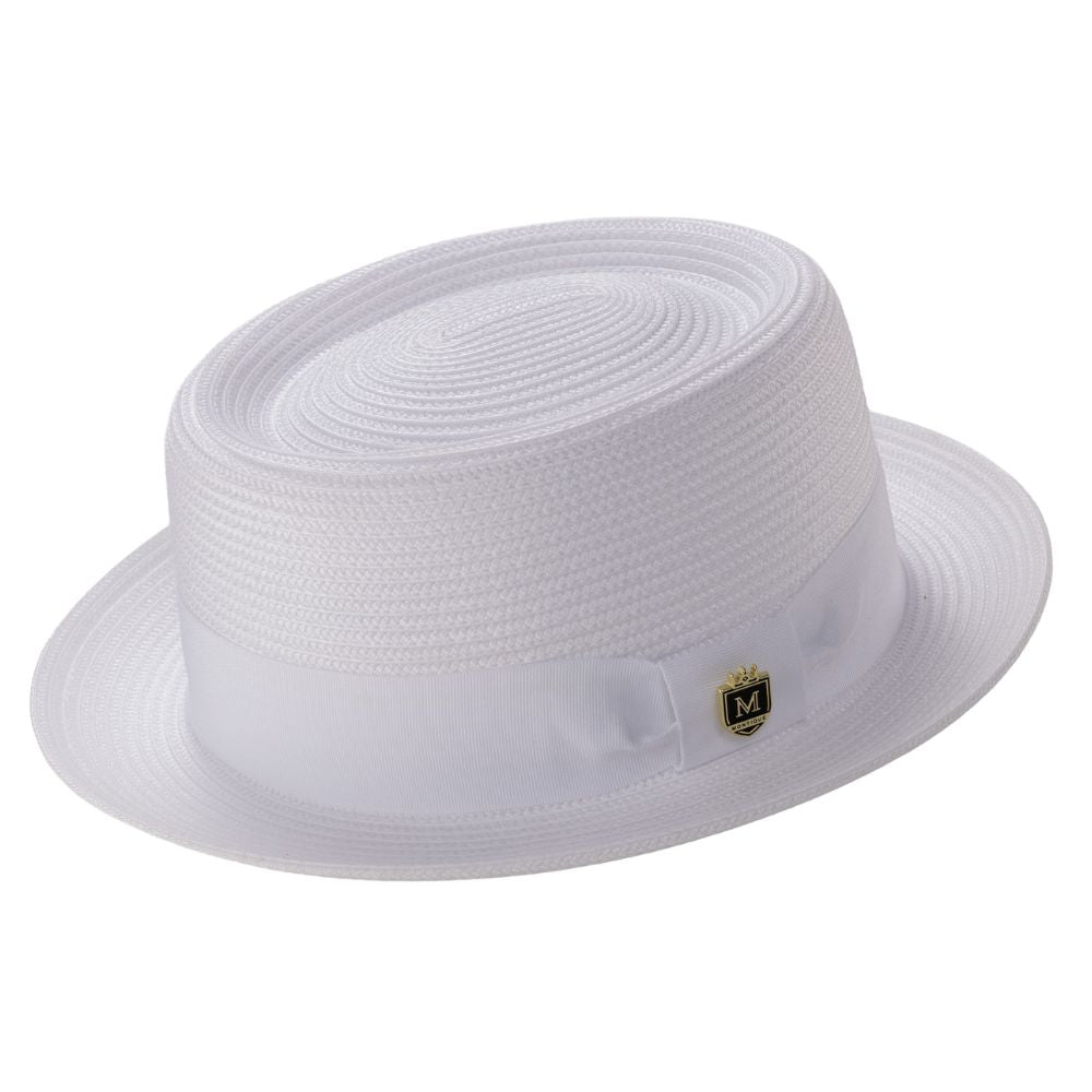 White straw pork pie hat side view