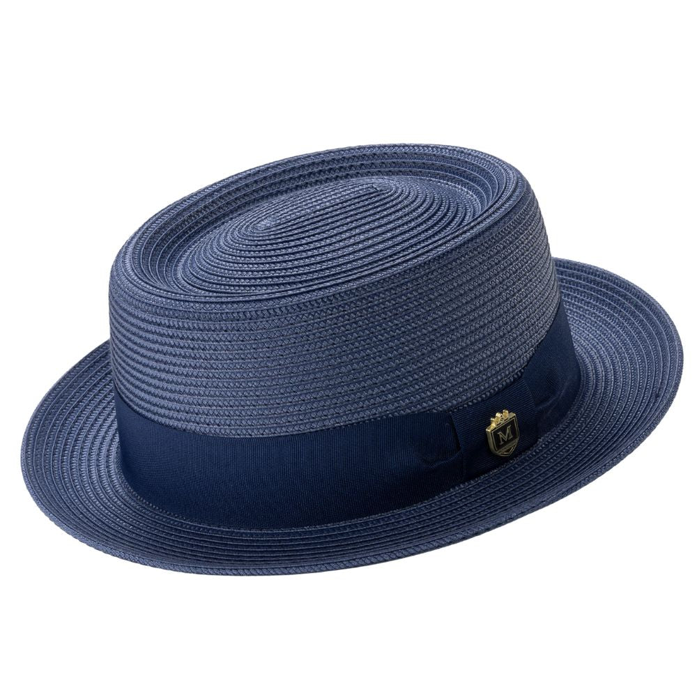 Navy straw pork pie hat side view