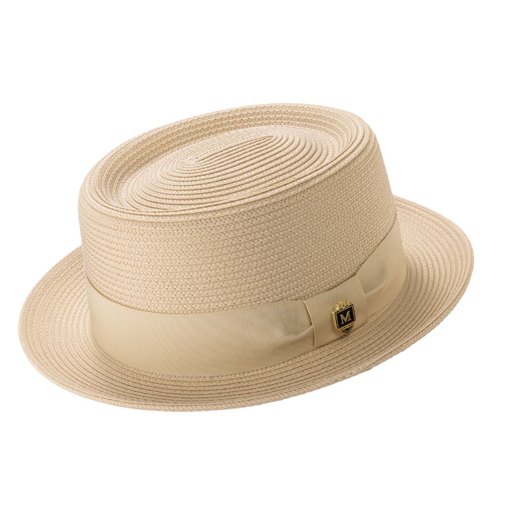 Beige straw pork pie hat side view