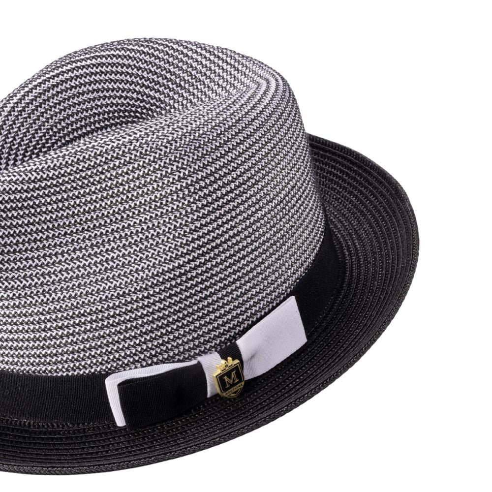 black Montique fedora hat with pinch crown and braided finish