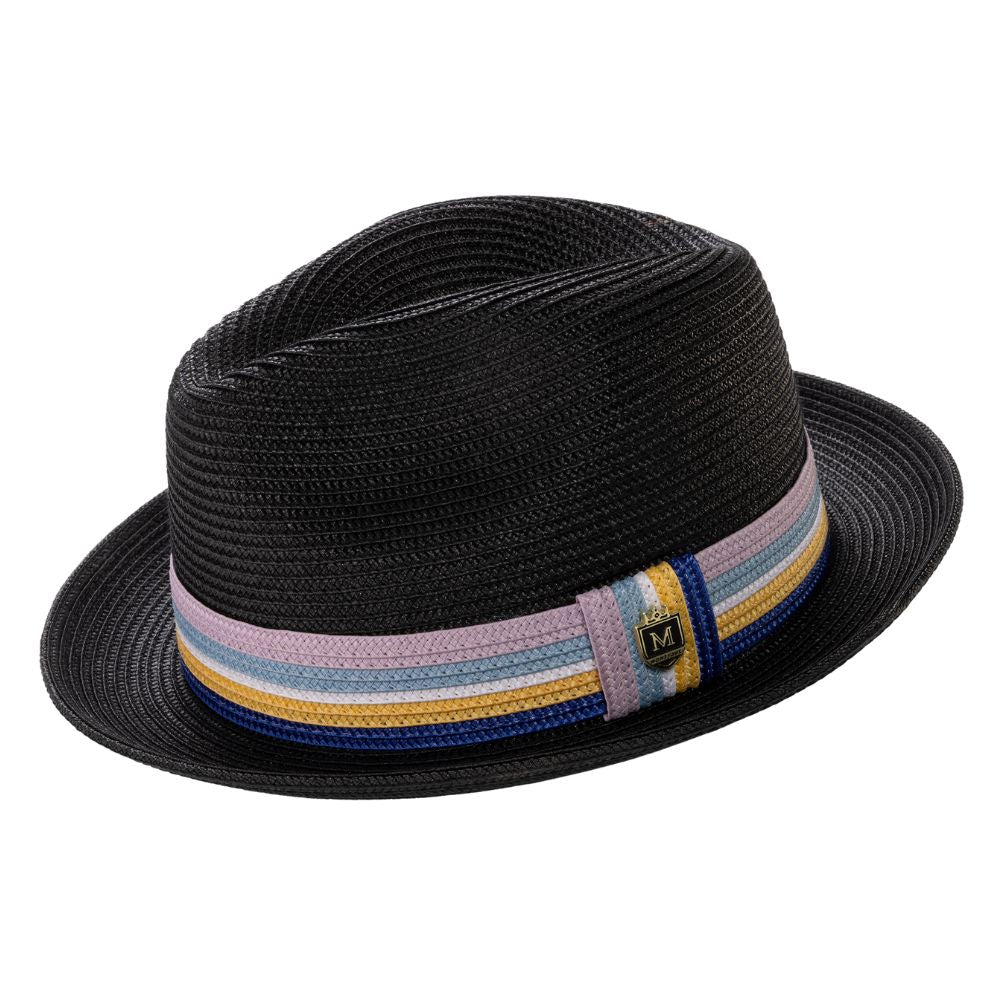 Black braided straw fedora hat with multistripe ribbon band