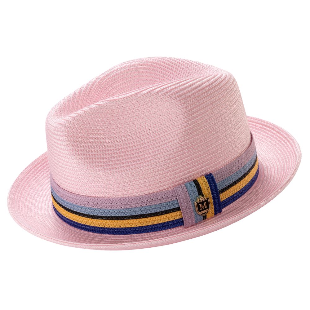 pink braided straw fedora hat with multistripe ribbon band