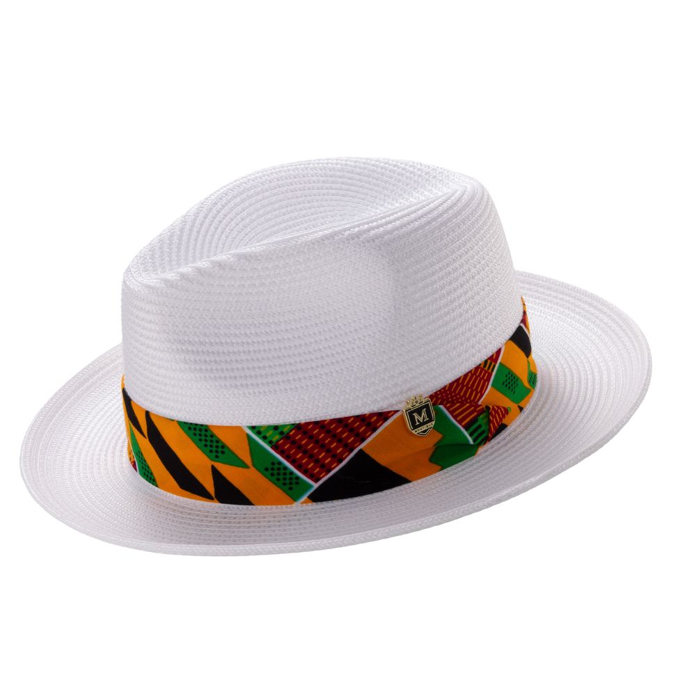 White braided straw fedora hat with african kente print band