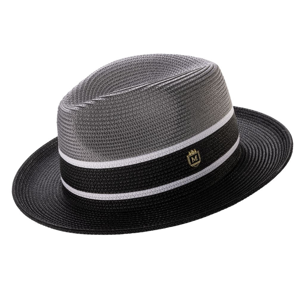 Grey and black three-tone men's fedora hat with white stripe accents and signature Montique pin.