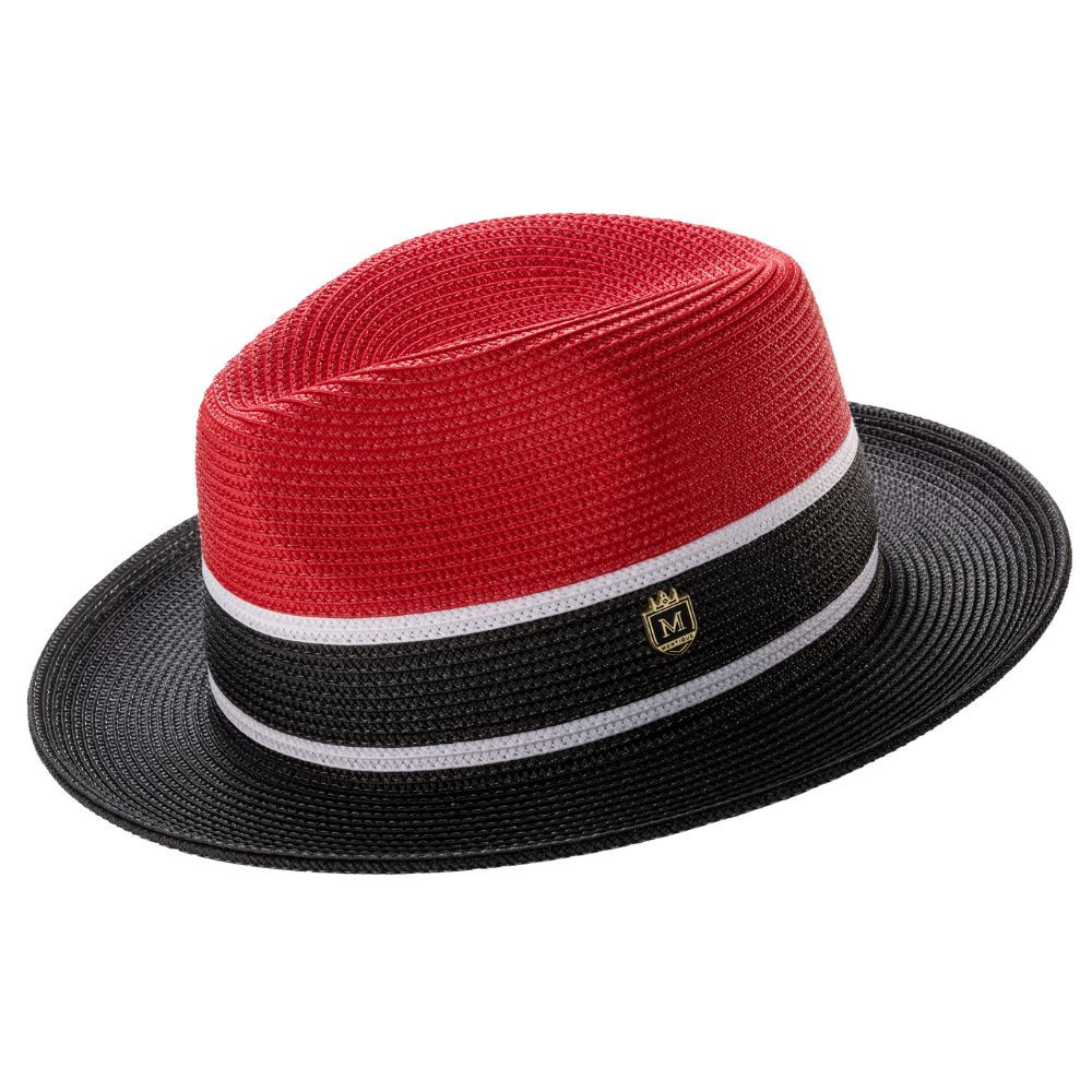 Red and black three-tone men's fedora hat with white stripe accents and signature Montique pin.