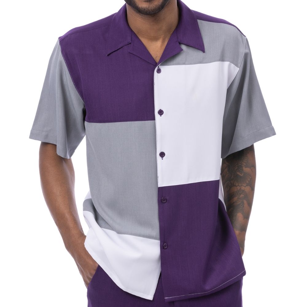 Front view of the purple and grey short sleeve men's walking suit shirt showing the smooth fabric.
