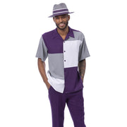 Montique Purple & Grey Color Block 2-Piece Short Sleeve Walking Suit