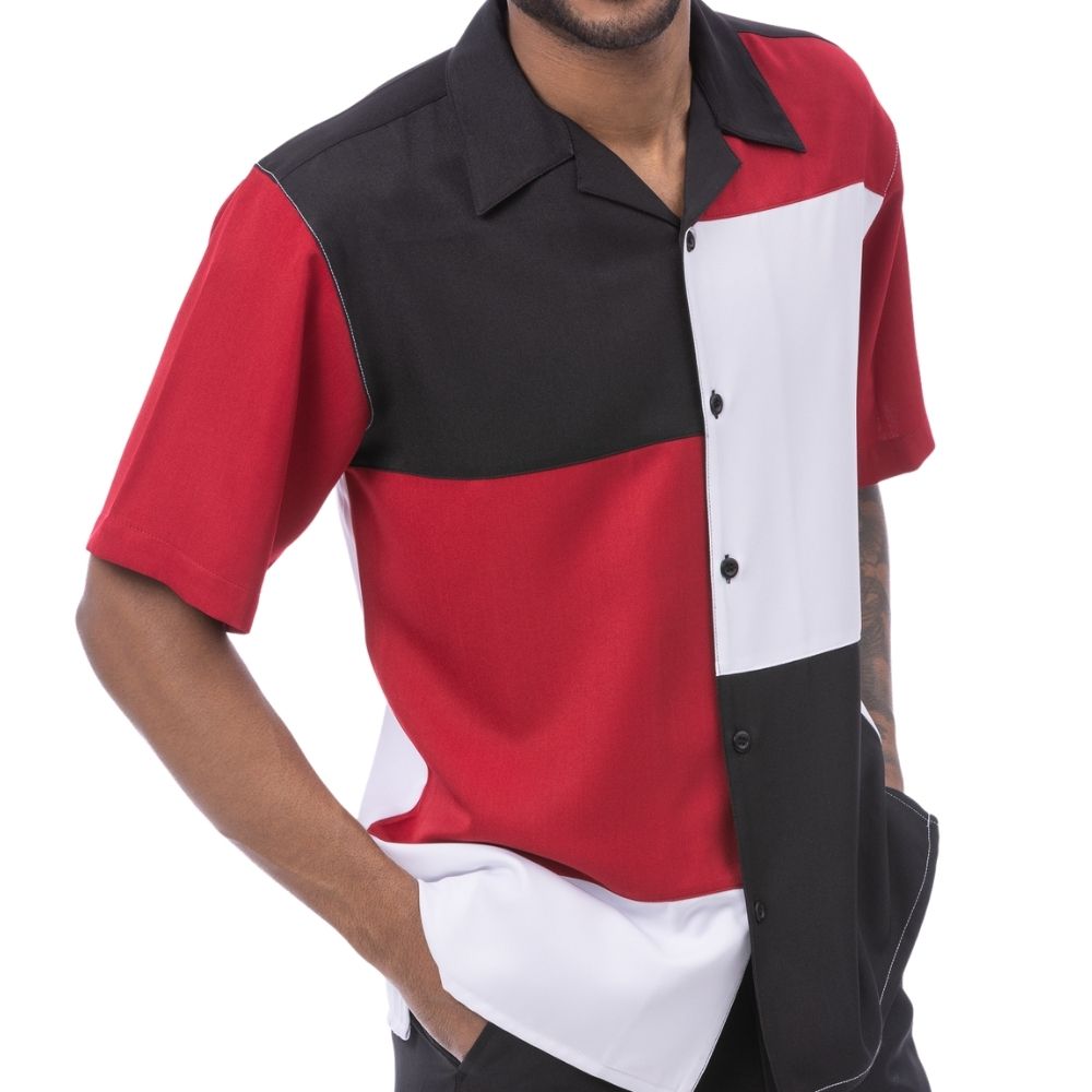 Front view of the black and red short sleeve men's walking suit shirt showing the smooth fabric.