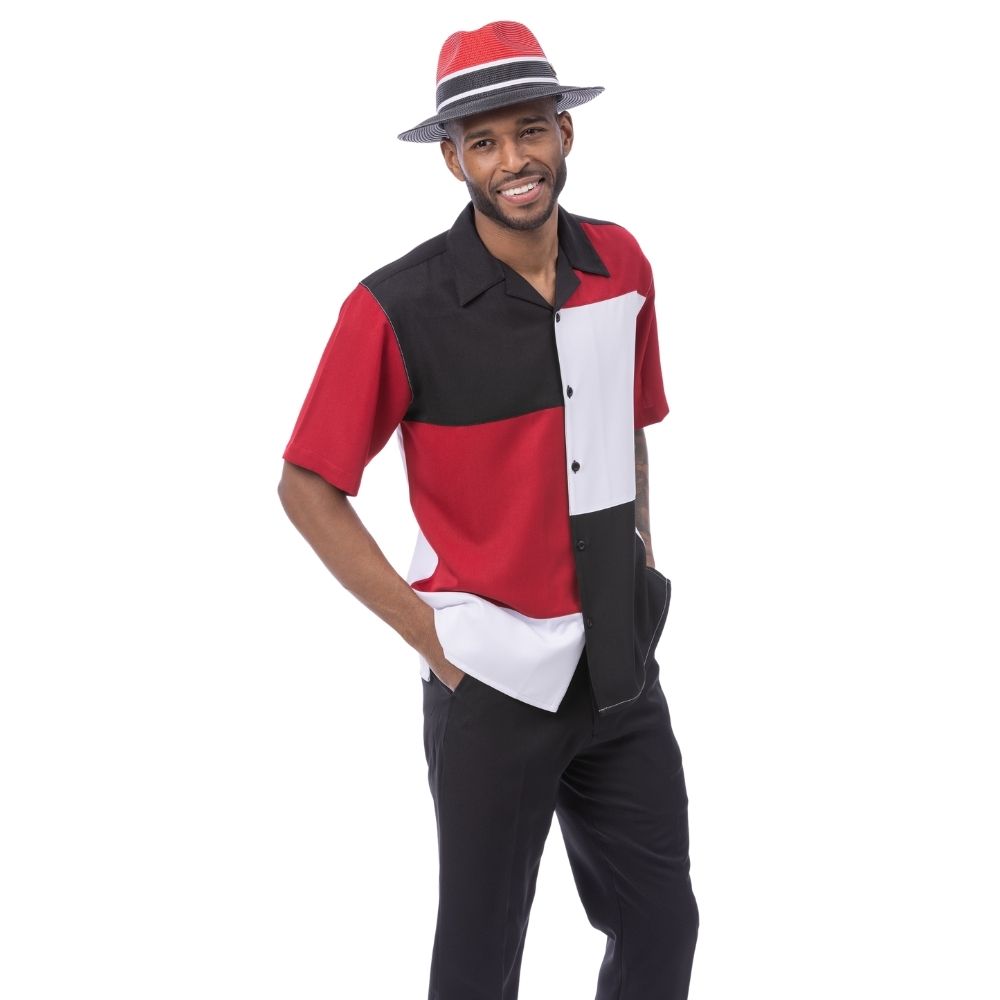 Black and red 100% polyester men's walking suit short sleeve 2-piece set with a bold color block design.