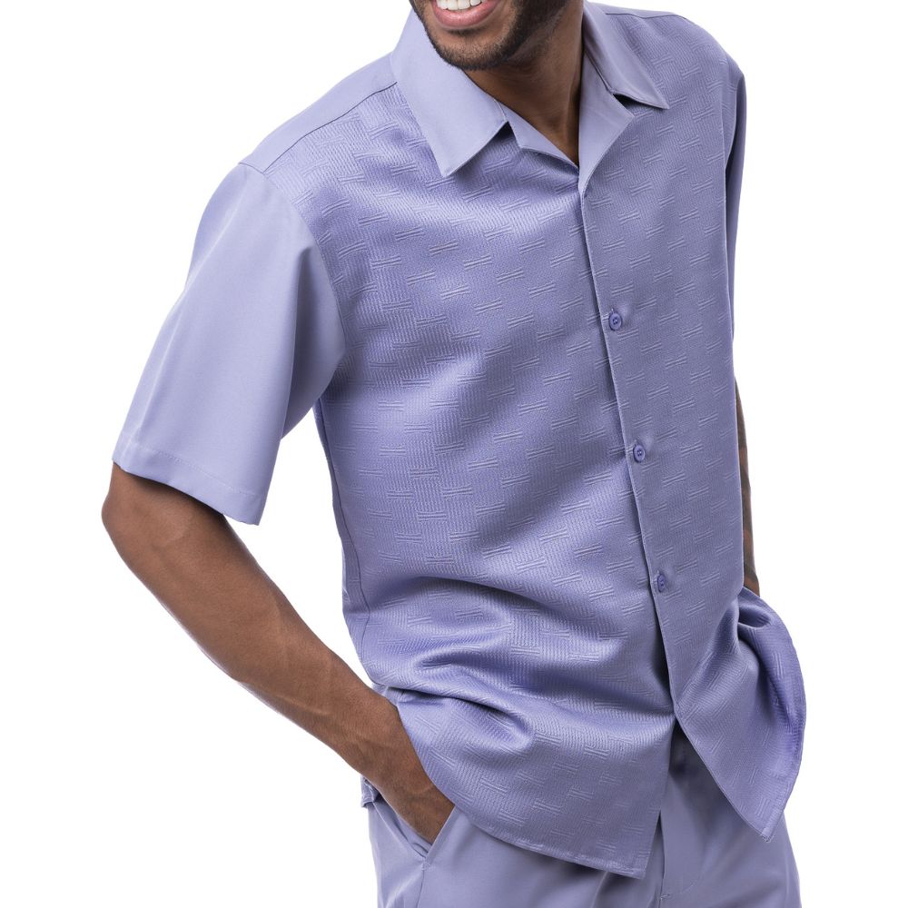 Front view of the lilac short sleeve men's walking suit shirt and matching pants on model.