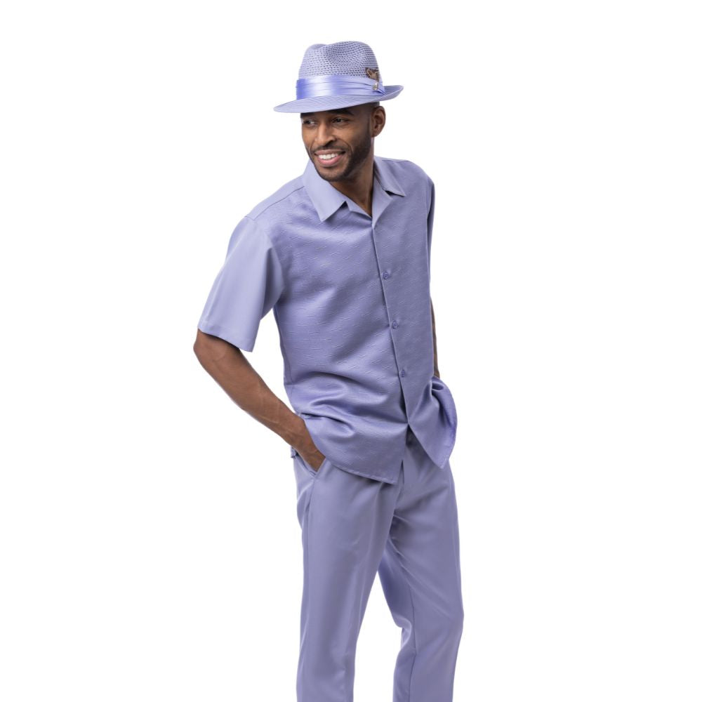 Lilac 100% polyester men's walking suit short sleeve 2-piece set with geometric textured shirt and matching pants.