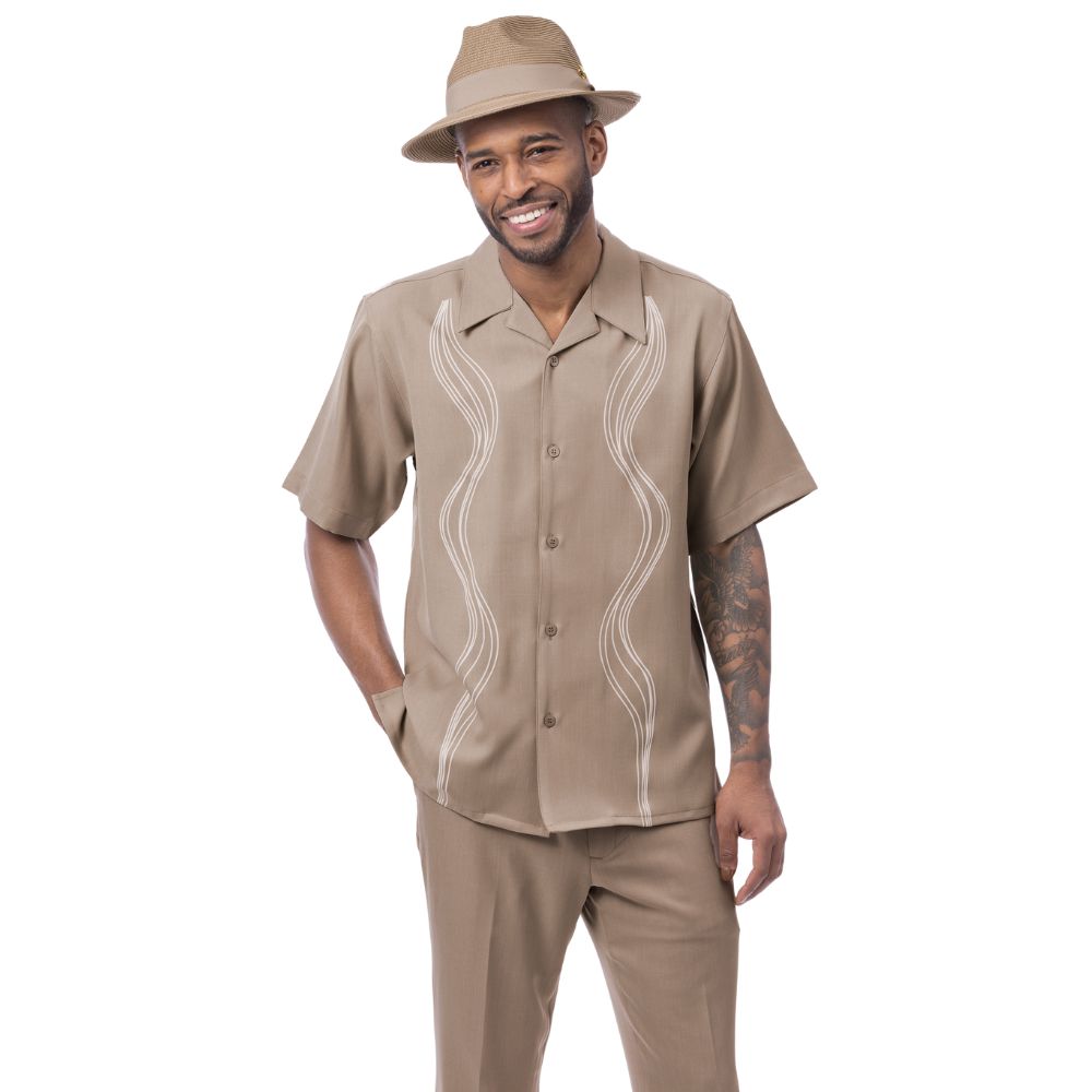 Khaki polyester men's walking suit short sleeve 2-piece set with matching pants and hat