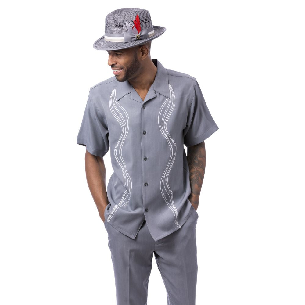 Grey polyester men's walking suit short sleeve 2-piece set with matching pants and hat