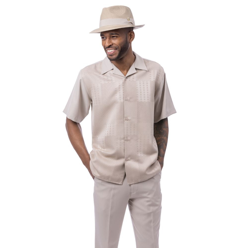 Khaki polyester men's walking suit short sleeve 2-piece set with tonal jacquard patchwork-style panel.