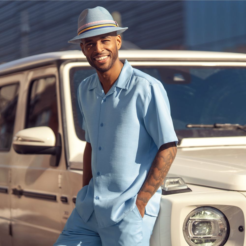 Sky Blue 100% polyester men's walking suit short sleeve 2-piece set with geometric textured shirt and matching pants.