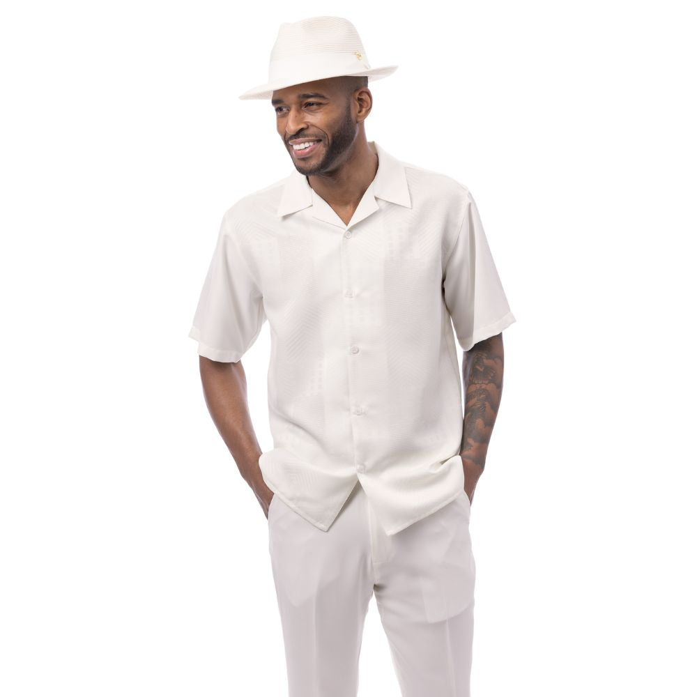 Cream polyester men's walking suit short sleeve 2-piece set with tonal jacquard patchwork-style panel.