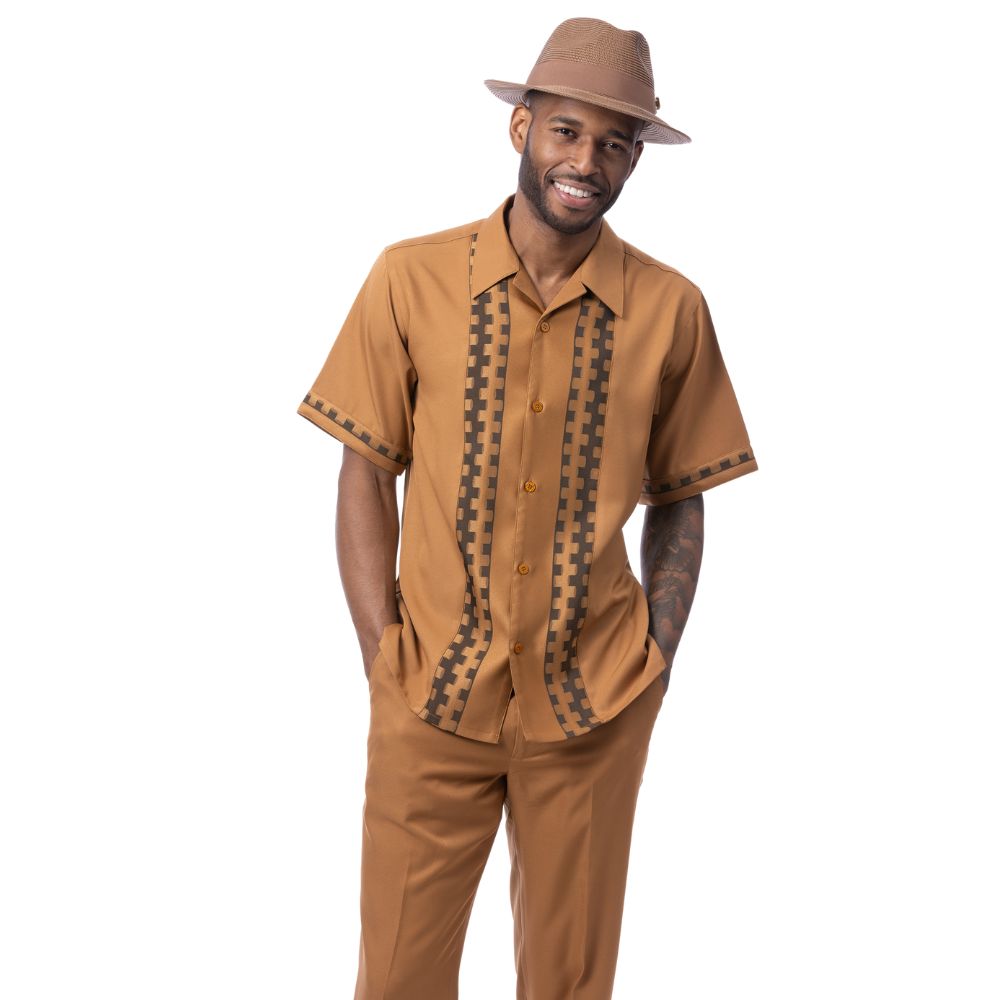 Cappuccino polyester men's walking suit short sleeve 2-piece set with contrast block panels and matching hat.