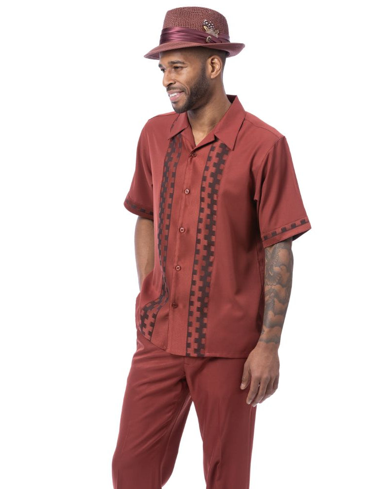 Cognac polyester men's walking suit short sleeve 2-piece set with contrast block panels and matching hat.