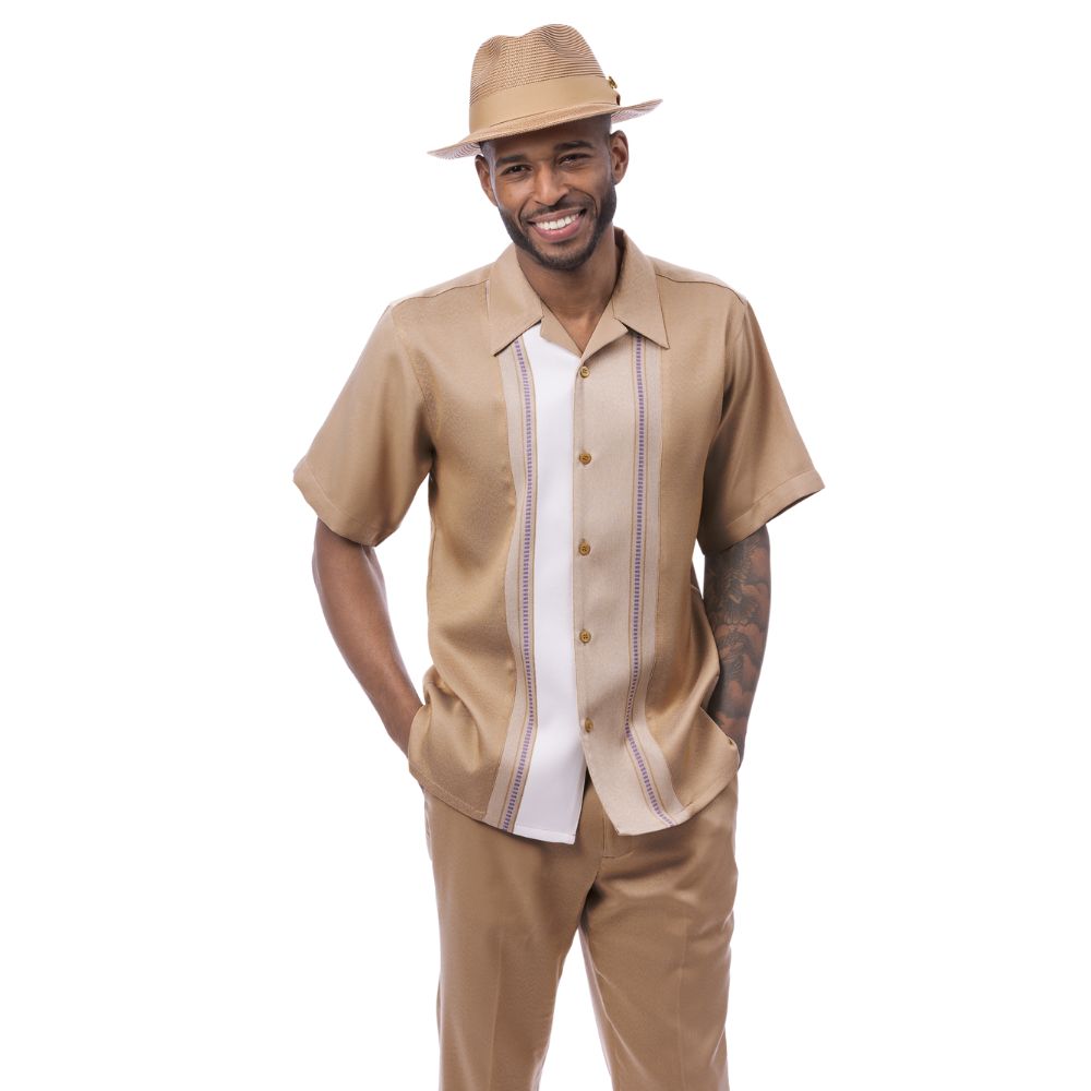 Beige polyester men's walking suit short sleeve 2-piece set with white woven color-block center panel.
