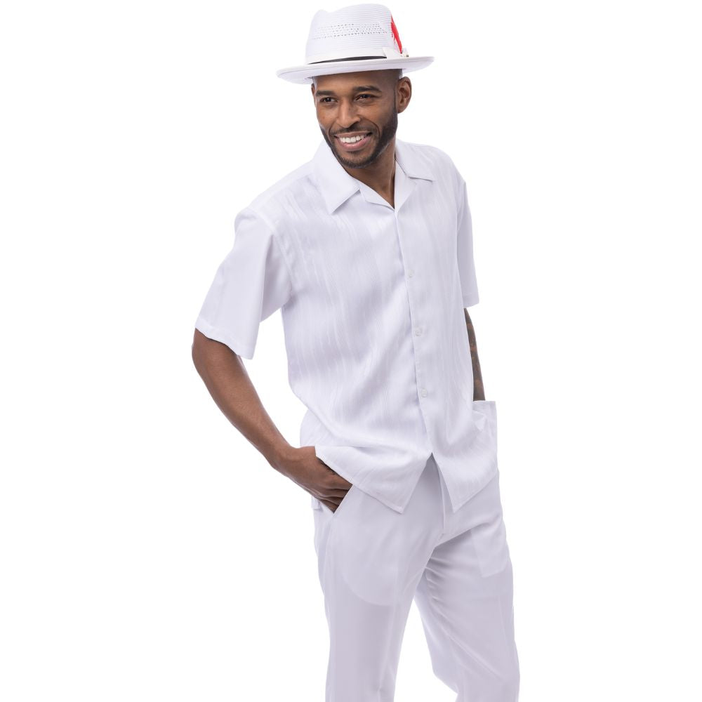 White cable knit design men's walking suit short sleeve 2-piece set with matching pants and fedora