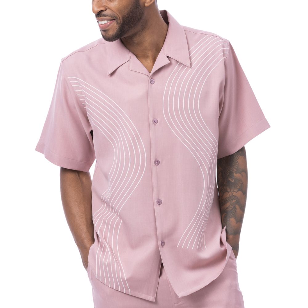Blush pink polyester men's walking suit short sleeve shirt front view showing the smooth fabric and clean finish.