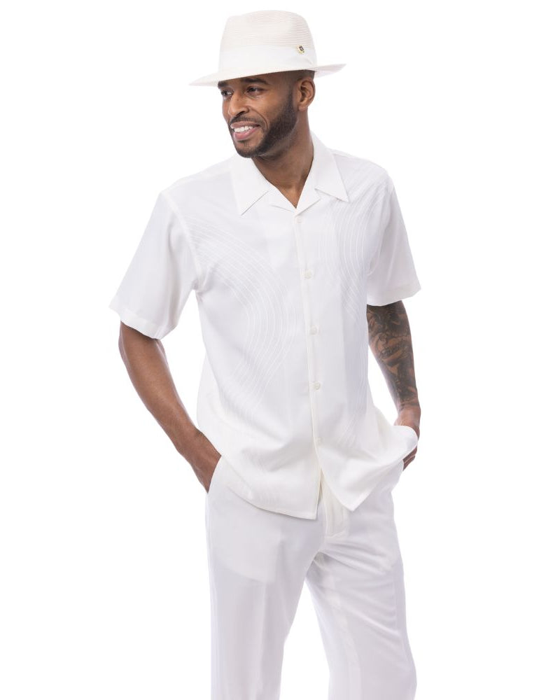 Cream polyester men's walking suit short sleeve 2-piece set with puff stitched curved line panels.