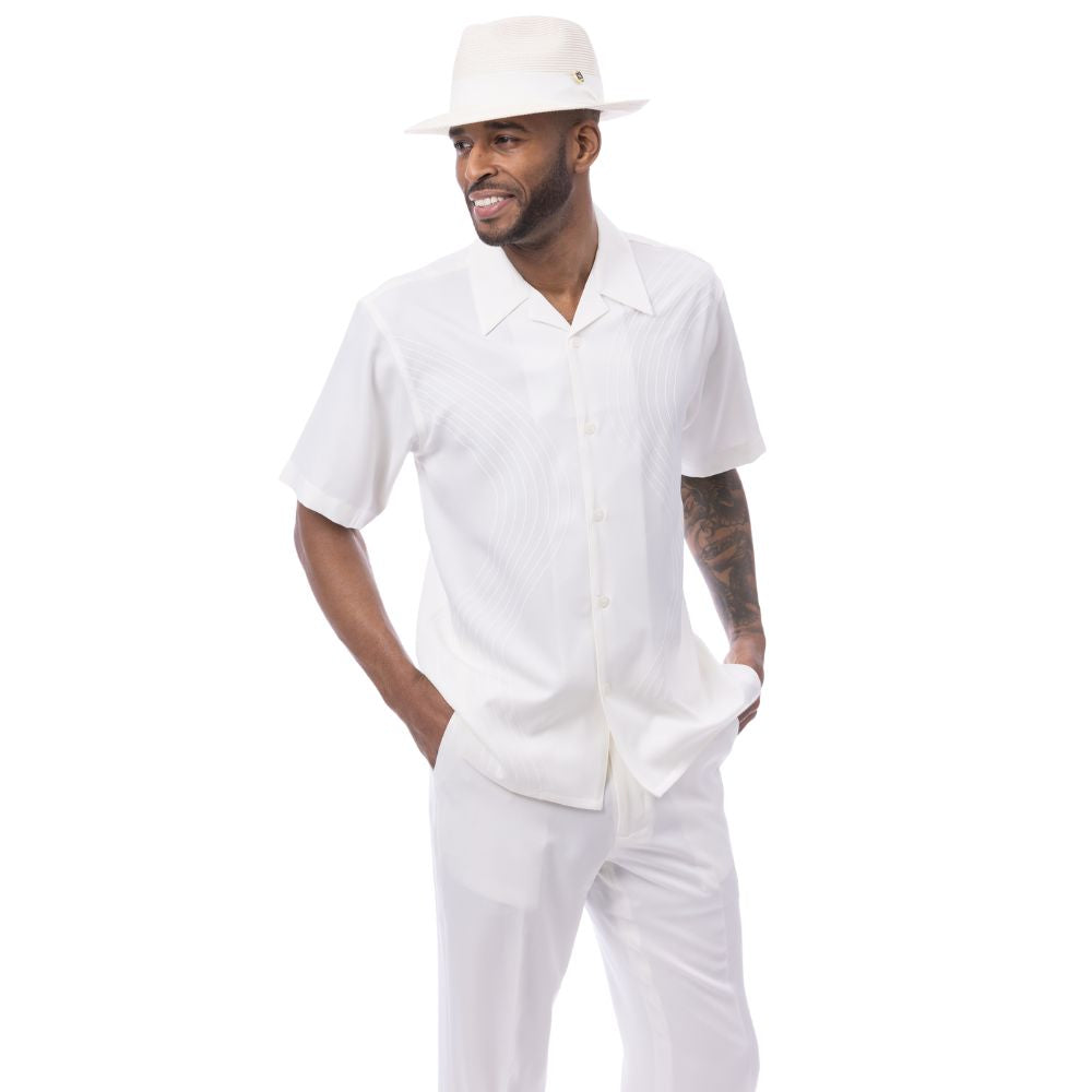 Cream polyester men's walking suit short sleeve 2-piece set with puff stitched curved line panels.