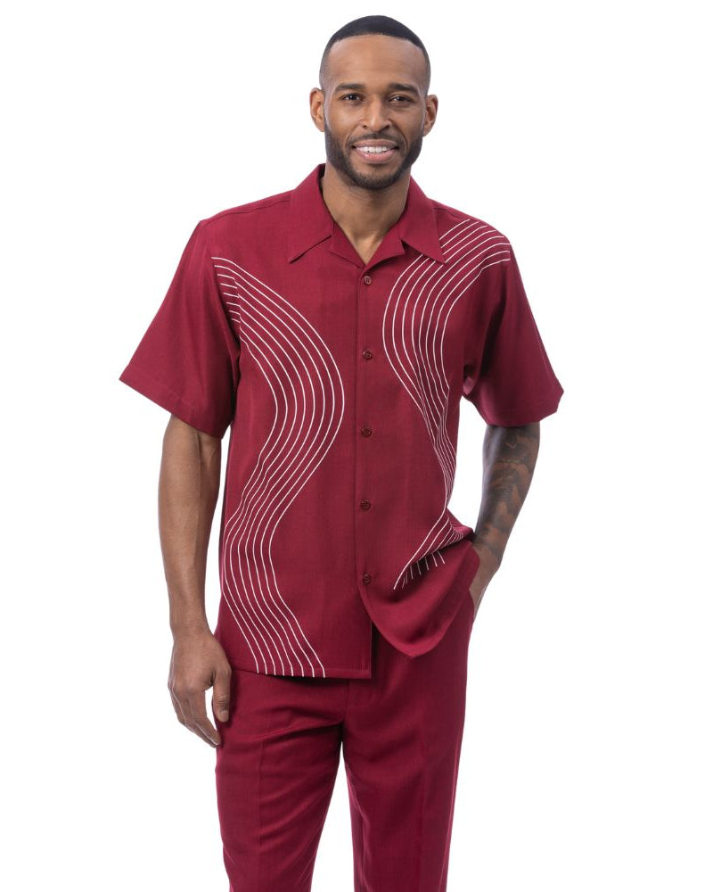 Ruby polyester men's walking suit short sleeve 2-piece set with puff stitched curved line panels.