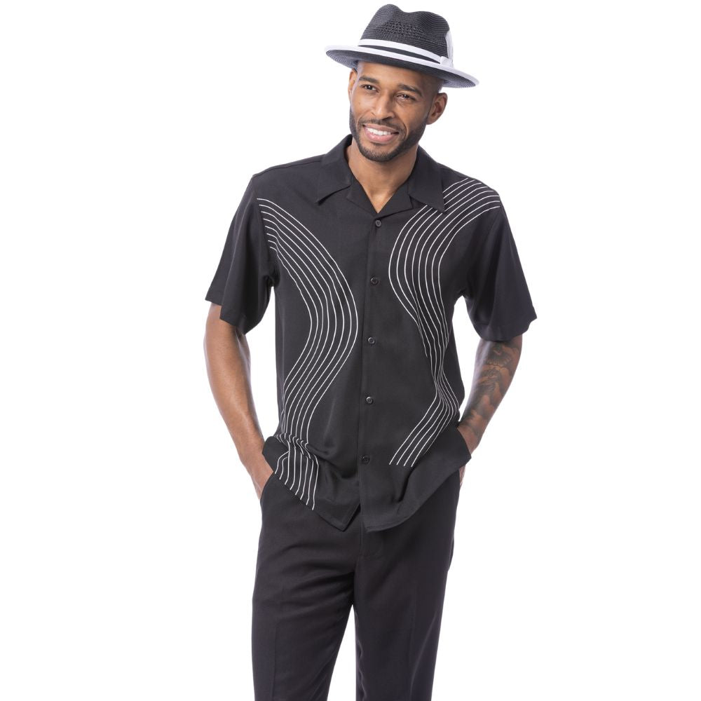 Black polyester men's walking suit short sleeve 2-piece set with puff stitched curved line panels.