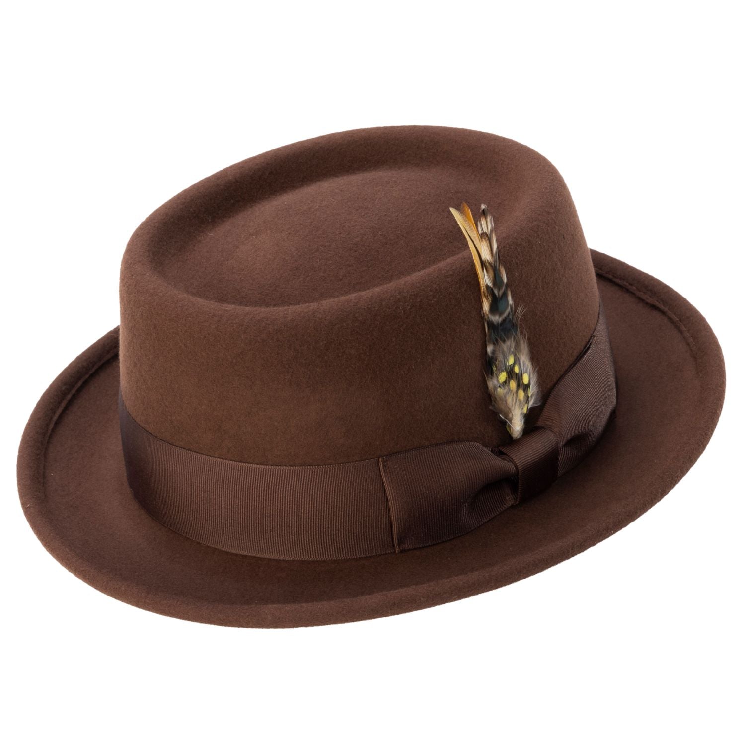 brown pork pie wool felt hat with feather accent by montique