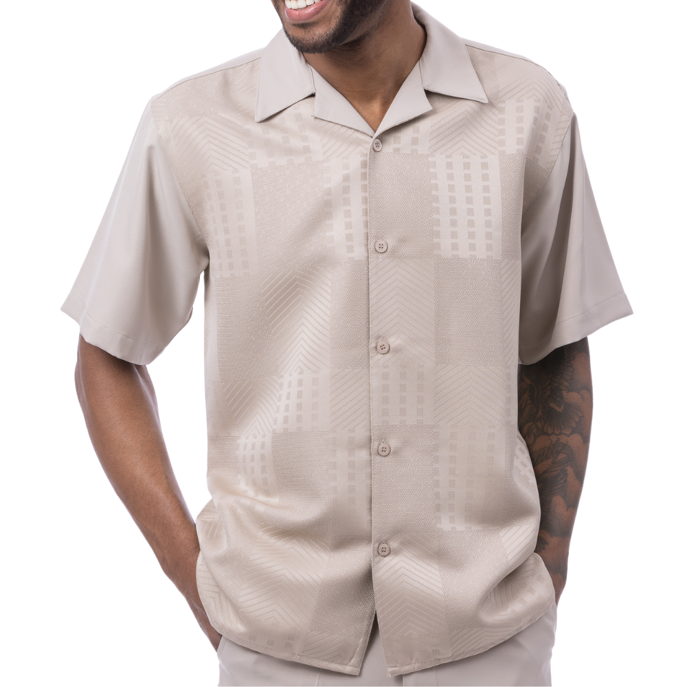 Khaki polyester men's walking suit short sleeve shirt front view.