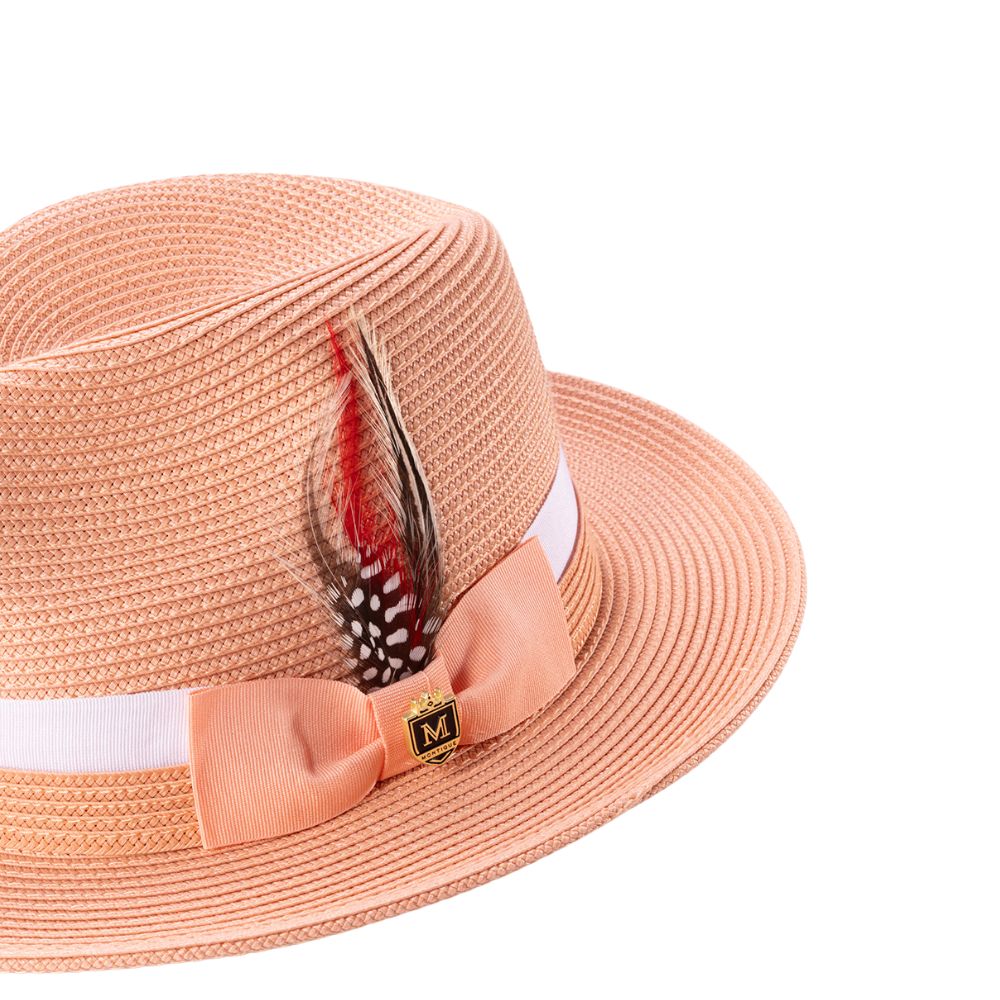 peach Montique fedora hat with woven texture and wide brim
