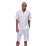 Montique White 2-Piece Shorts Set Walking Suit with Open Collar