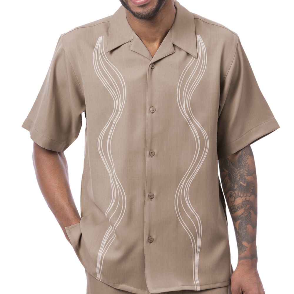 Khaki polyester men's walking suit short sleeve close up view