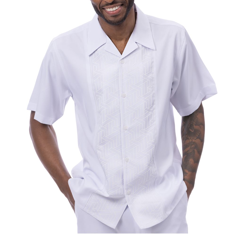 White polyester men's walking suit short sleeve shirt front view.