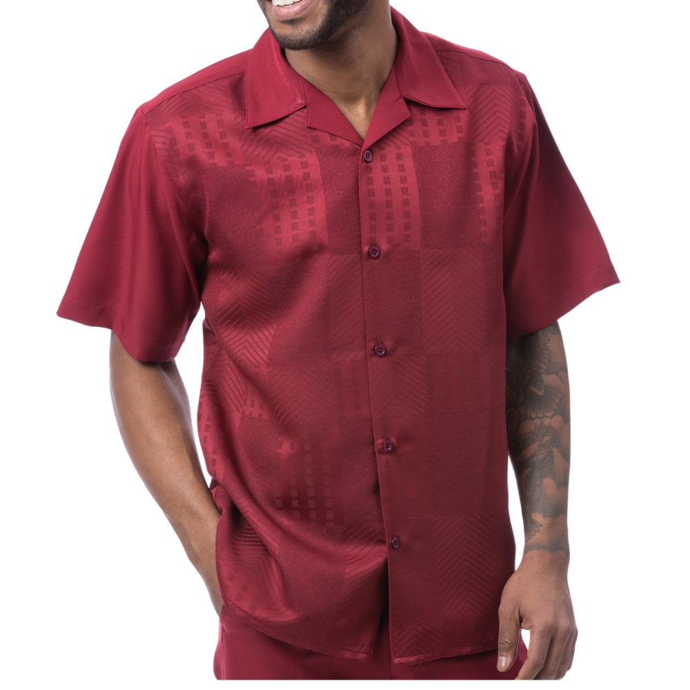 Burgundy polyester men's walking suit short sleeve shirt back view.