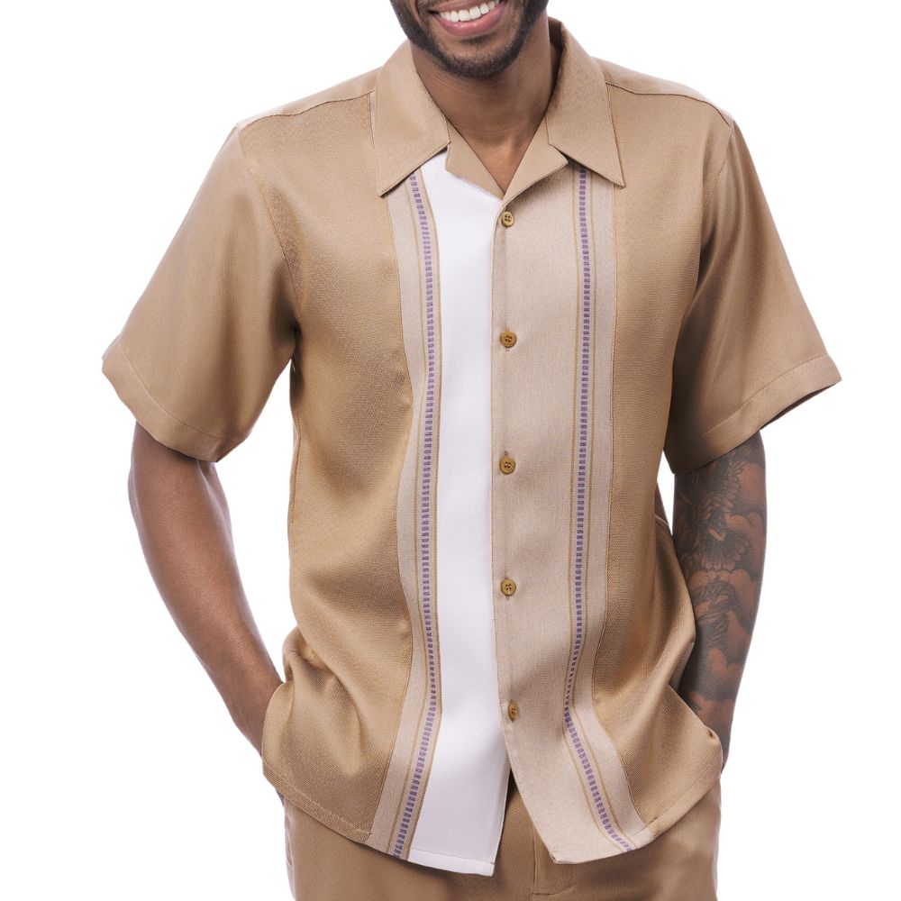 Front view of the beige short sleeve men's walking suit shirt.