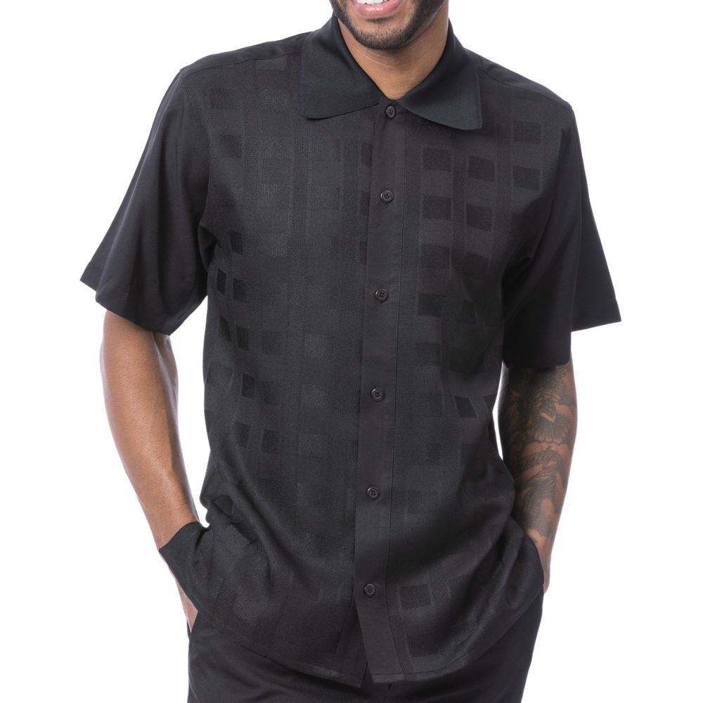 Front view of the black short sleeve men's walking suit shirt.
