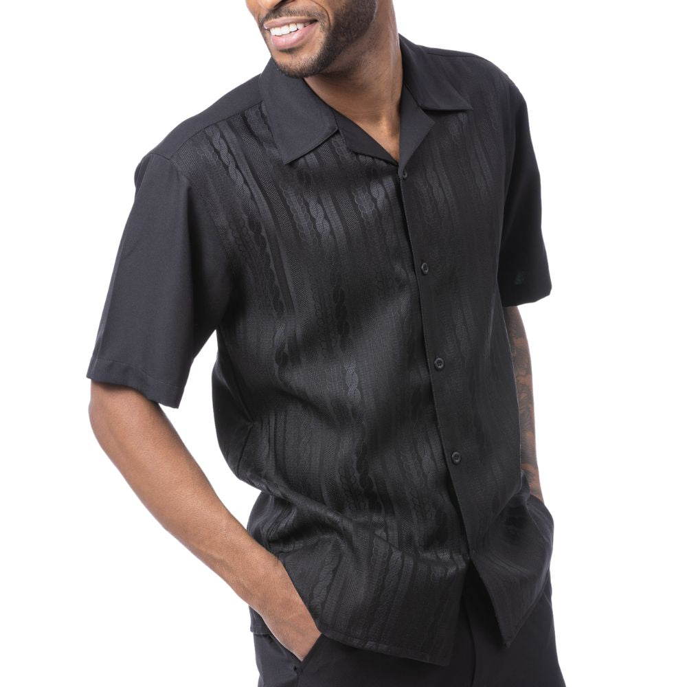 Black cable knit men's walking suit 2-piece set side view on model