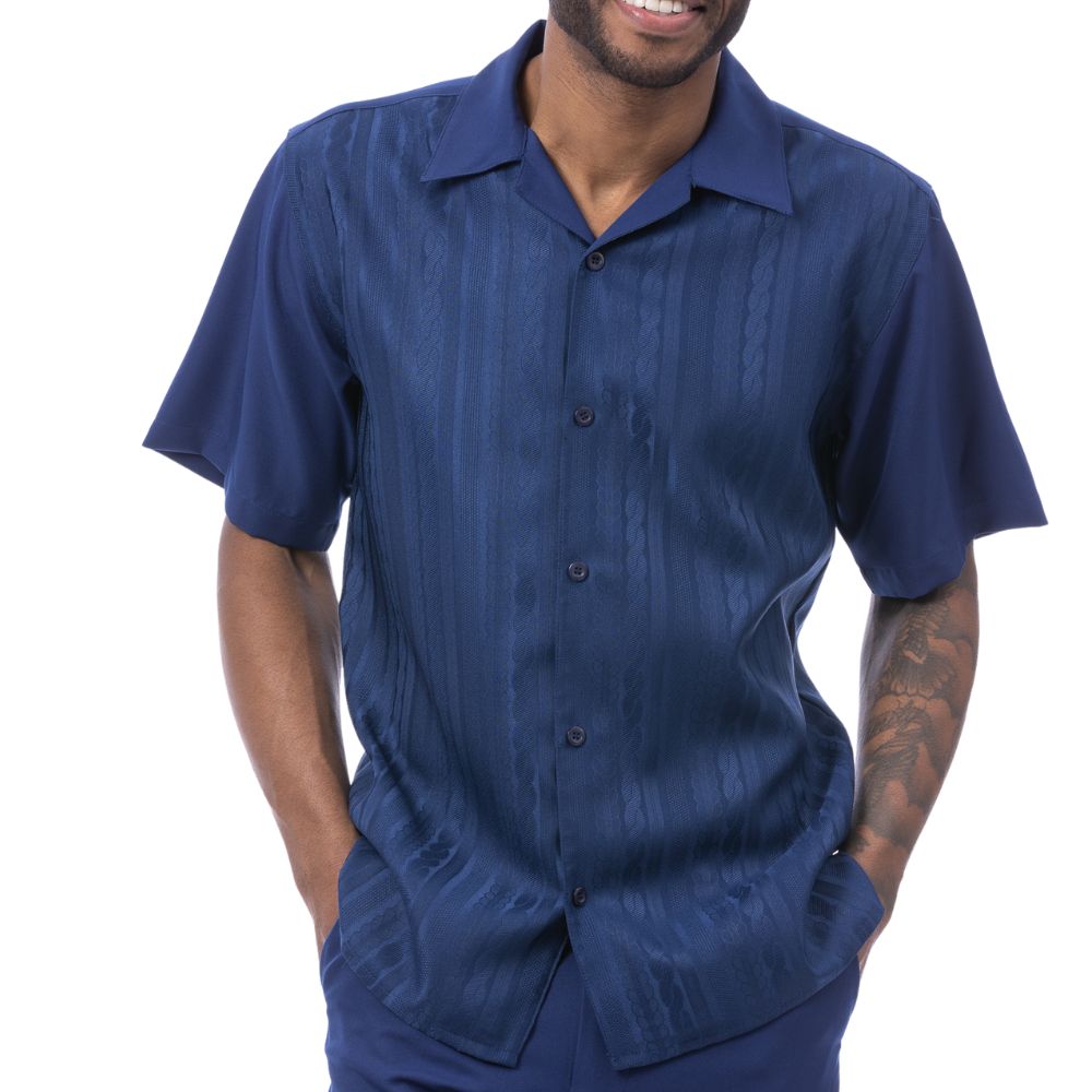 Navy cable knit men's walking suit 2-piece set front view on model