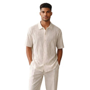 White Geometric Textured Front Knit Short Sleeve Walking Suit Set