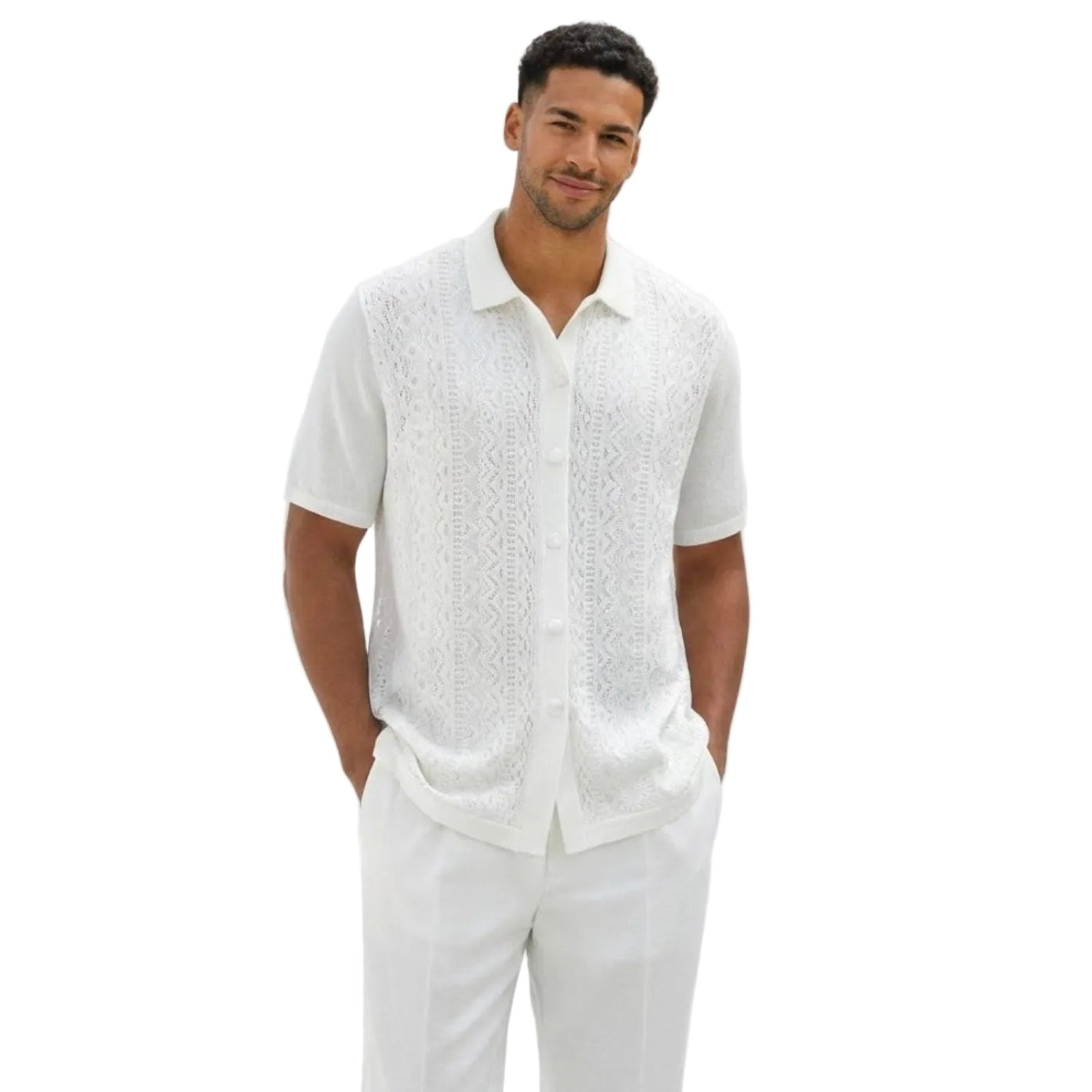 White men's walking suit short sleeve 2-piece set with vertical textured knit pattern and matching pants.