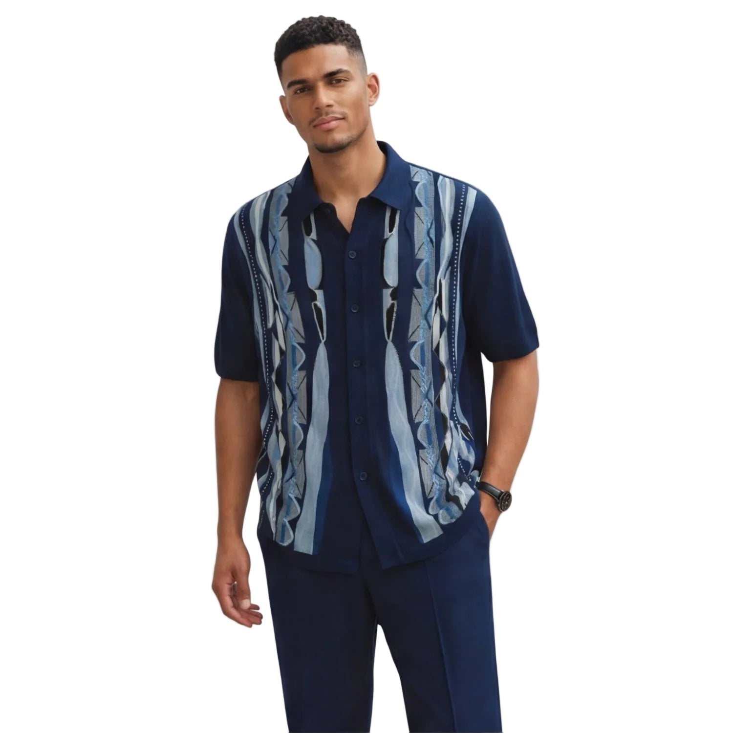 Navy men's walking suit short sleeve 2-piece set with geometric knit pattern and matching navy pants