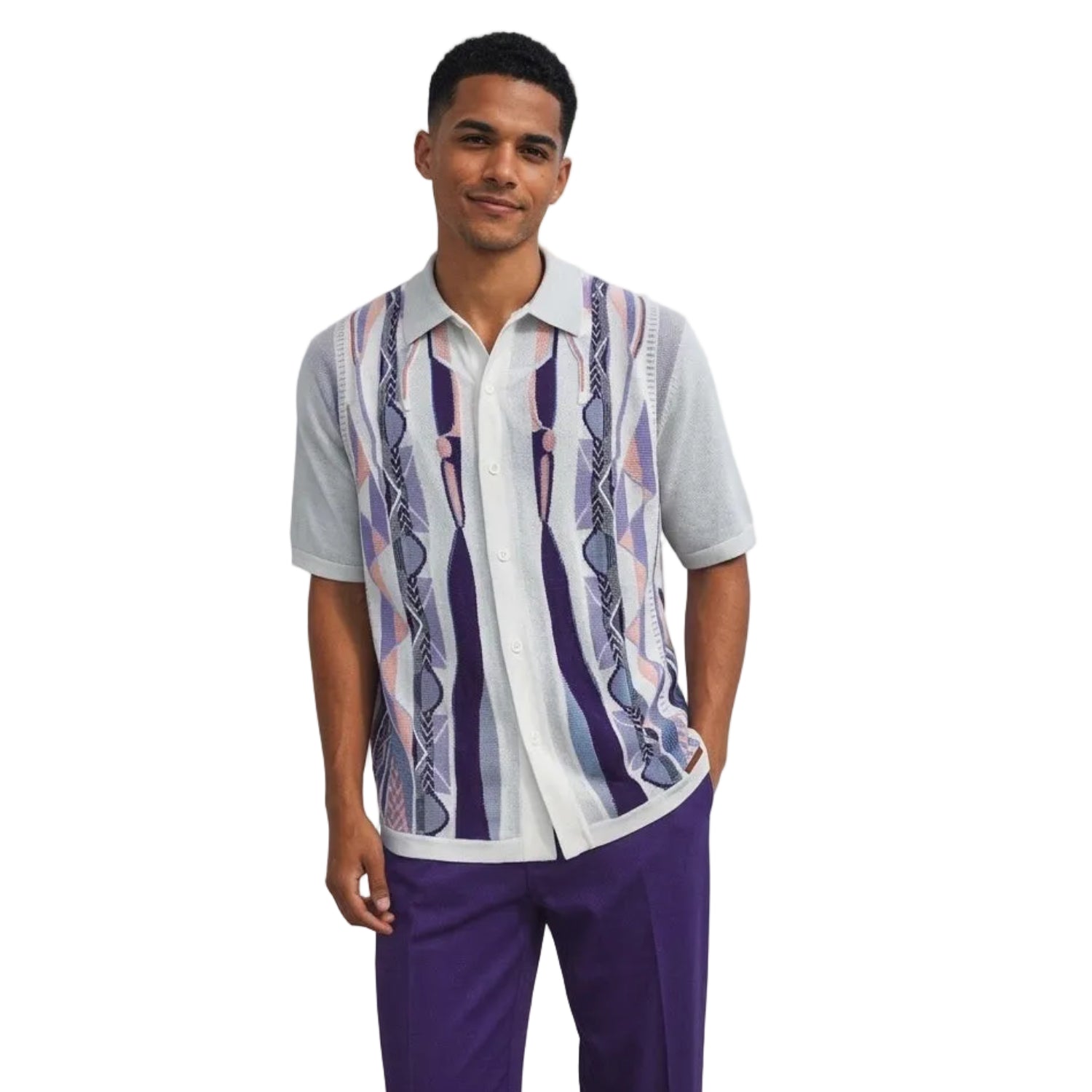 purple geometric knit 2-piece walking suit set by Stacy Adams front view