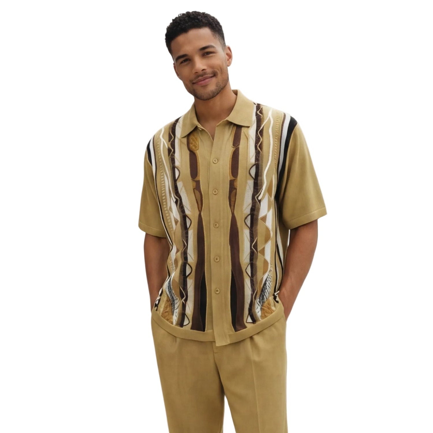 khaki geometric knit 2-piece walking suit set by Stacy Adams front view